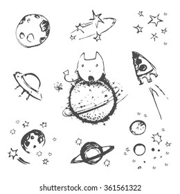 Vector space items: planets, stars, rocket, ufo, alien, comets, isolated on a white background