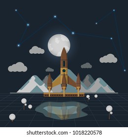 Vector Space landscape rocket launch on the background at night of a full moon, concept for business, flat design style