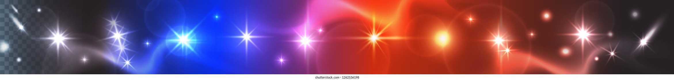 Vector space lights, stars, twinkles and camera lens effects. Set of flash light, flare, glowing sparkles, spot or starlight on mist background