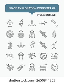 Vector Space Line Icons Pack – Diseña Cohetes, Satélites, Astronautas y Símbolos de Viajes Espaciales