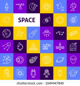 Vector Space Line Icons. Thin Outline Exploration Symbols over Colorful Squares.