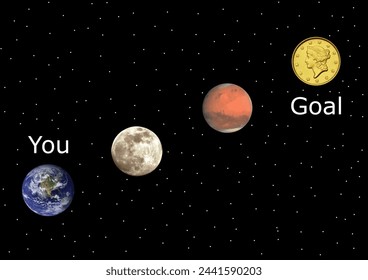 Vector space motivation success road background with earth, moon, mars and the goal money coin. Stars in the black space background.