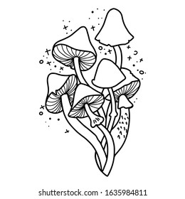 Vector space the mushrooms. Minimalistic objects made in the style of one line. Tattoo design, trendy romance symbol for your use.