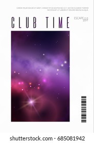 Vector space night party flyer design with colorful purple nebula and bright stars.