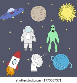 Vector Space objects. Astronaut, rocket, planets, UFO, satellite bundle