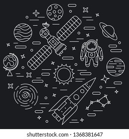 Vector space objects on black background. Flat line style. Astronaut, satellite, rocket, planets and stars. Outer space in a circle.