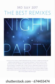 Vector space party flyer design with bright blue nebula and white stars.
