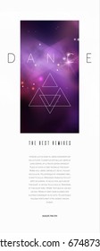 Vector space party flyer design with colorful violet nebula and bright stars.