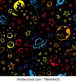 Vector space pattern with colorful planets, stars, rocket, ufo, comets on black background. Seamless pattern can be used for wallpaper, pattern fills, web page background, surface.