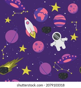 vector space pattern. flat illustration of pattern with astronaut, planets, stars.