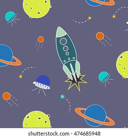 Vector space pattern. Illustration with rocket, aliens, shuttle, planet and stars. Astronomy background. Planet cartoon objects. Cosmic planet universe wallpaper