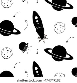 Vector space pattern. Illustration with rocket, aliens, shuttle, planet and stars. Astronomy white black background. Monochrome cartoon objects. Cosmic planet universe wallpaper
