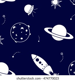 Vector space pattern. Illustration with rocket, aliens, shuttle, planet and stars in white colors. Astronomy objects on navy background. Cartoon monochrome objects. Cosmic planet universe wallpaper
