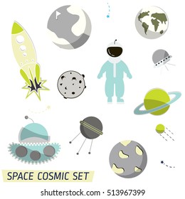 Vector space pattern. Illustration with rocket, aliens, shuttle, moonwalker, satellite, cosmonaut, planet and stars. Astronomy Colorful set cartoon objects. Cosmic planet universe wallpaper
