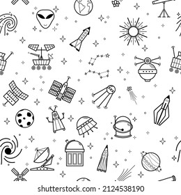 Vector space pattern on white background. Astronomy pattern in black line style. Space web graphics