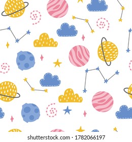 Vector space pattern, planets and stars in the sky, satellite, colorful children seamless pattern, cosmic textile print