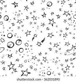 Vector space pattern with planets, stars, comets on white background. Seamless pattern can be used for wallpaper, pattern fills, web page background, surface.