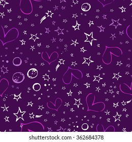 Vector space pattern with planets, stars, comets and hearts on dark violet background. Seamless pattern can be used for wallpaper, pattern fills, web page background, surface.