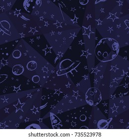 Vector space pattern with planets, stars, rocket, ufo, comets on dark blue polygonal background. Seamless pattern can be used for wallpaper, pattern fills, web page background, surface.
