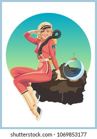 Vector Space Pin Up Astronaut Girl. Vintage Retro Futurism Poster Stylization