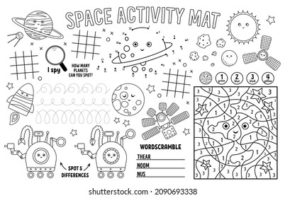 Vector space placemat for kids. Fairytale printable activity mat with maze, tic tac toe charts, connect the dots, find difference. Black and white play mat or coloring page
