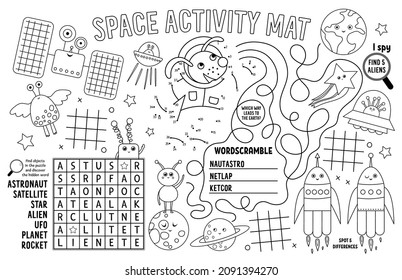 Vector space placemat for kids. Fairytale printable activity mat with maze, tic tac toe charts, connect the dots, find difference. Black and white play mat or coloring page
