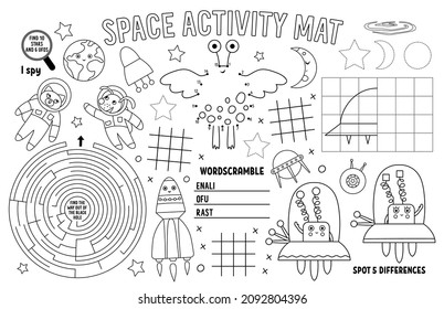 Vector space placemat for kids. Fairytale printable activity mat with maze, tic tac toe charts, connect the dots, find difference. Black and white play mat or coloring page
