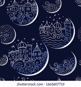Vector space planets seamless pattern with old town houses at night Fantastic space texture with cosmic objects with city landscape on the sea. Hand drawn vector doodles on a dark blue background. For