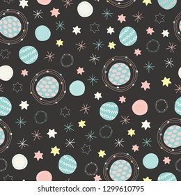 Vector space planets and stars sky seamless repeat pattern background.