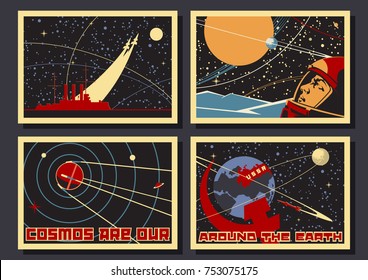 Vector Space Posters. Stylized under the Old Soviet Space Propaganda