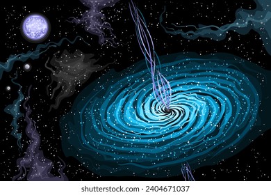 Vector Space Quasar, astronomical horizontal poster with abstract illustration of supermassive quasar with purple beams in deep space, decorative futuristic cosmo print on starry space background