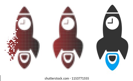 Vector space rocket time icon in fractured, pixelated halftone and undamaged entire variants. Disappearing effect uses rectangle dots and horizontal gradient from red to black.