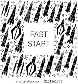 Vector space rockets Border Frame isolated on white background. Fast start rockets in black line style. Rocket web graphics.