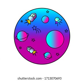 vector space round icon with stars spaceship and planets in a circle. cartoon style