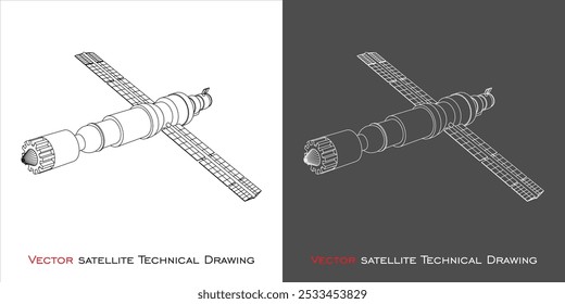 Vetor satélite espacial. Para Comunicação e Telecomunicações. linha técnica desenho plano sobre fundo transparente