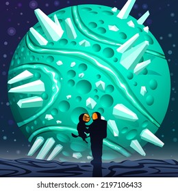 Ilustración de ciencia ficción del vector espacial con un astronauta y su perro con un planeta turquesa con cristales en el fondo.