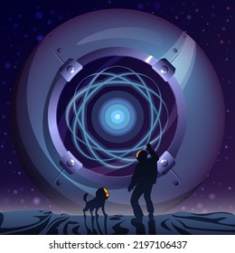 Vector space sci-fi illustration with an astronaut and his dog with a planet of metal with a blue nucleus inside.