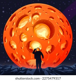 Vector space sci-fi illustration with an astronaut and orange planet from which lava flows.