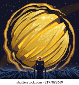 Vector space sci-fi illustration with a ship in which sits an astronaut dog with a yellow planet.