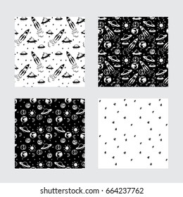 Vector space seamless cartoon pattern set. Black and white doodle pattern with planets, ufo, rocket and stars for paper, textile, handmade decoration, scrap-booking, polygraphy, t-shirt, cards.