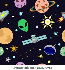 vector space seamless pattern in cartoon style with aliens, rocket, stars, planets, space station, sun and star constellation