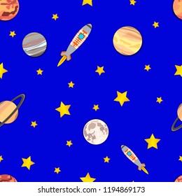 Vector Space Seamless Pattern, Colorful Background Template, Cosmic Adventure.