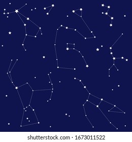 Vector space seamless pattern with constellations and stars. Night sky, astronomical background