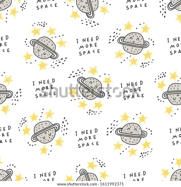 Vector space seamless pattern. Cosmos doodle\
illustration. Seamless pattern with cartoon planets and stars.\
Vector illustration for wrapping paper, textile, surface textures,\
childish design.