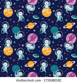 Vector space seamless pattern with cute sloths. Repeated texture with planets, animals, and stars. Cartoon print for kids fabric and wrapping paper. Cosmic background with funny astonauts. 