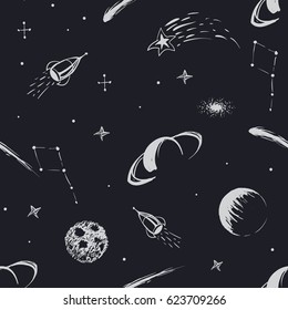 Vector space seamless pattern with different planets,moon,rocket and other objects.Hand drawn style