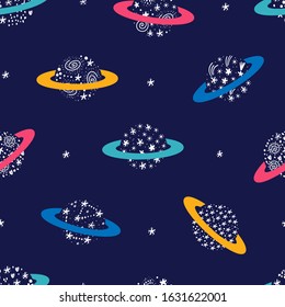 Vector Space Seamless Pattern with Doodle Saturn Planet and Stars. Cartoon Colorful Space Background with Abstract Fantastic Planets with Starry Pattern. Magic Wallpaper for Kids. Vibrant Colors 