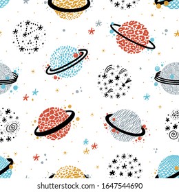 Vector Space Seamless Pattern with Doodle Saturn Planet and Stars. Cartoon Colorful Space Background with Abstract Fantastic Planets with Wild Animal Print Skin. Magic Wallpaper for Kids