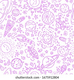 Vector space seamless pattern. hand drawn  doodle kids background