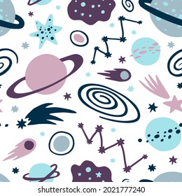 Vector space seamless pattern with hand drawn cosmic elements: star, planet, constellations, comets, galaxies. Flat kids vector illustration on white background.